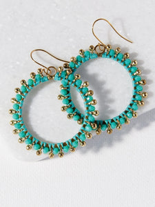 Turquoise Glass Brass Hoop Dangle Earrings
