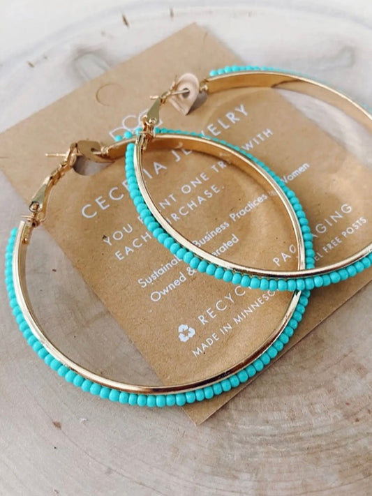 Beaded Round Hoop Earrings | Turquoise