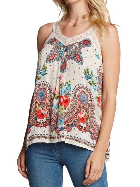 Cream Paisley Floral Print Halter with V-Neck Lace Detail Top