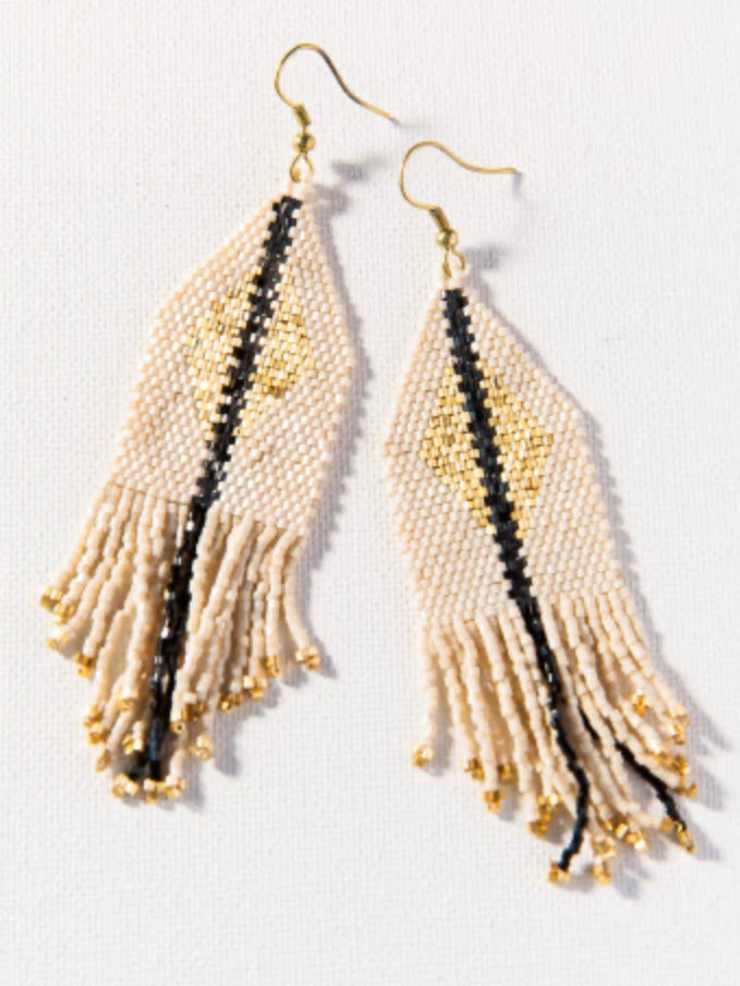 Ivory Black Luxe Diamond Gold Stripe Fringe Earrings