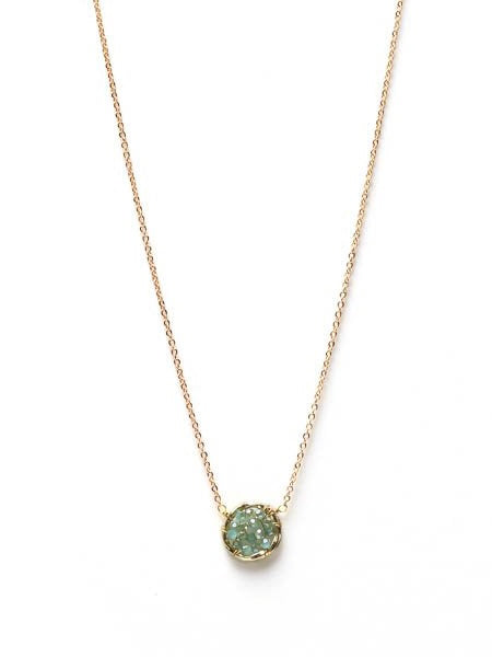 Small Circle Charm with Vintage Aqua Woven Crystals Necklace (Gold)