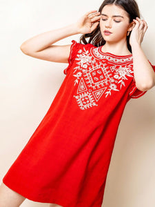 Esther Embroidered Dress - Red