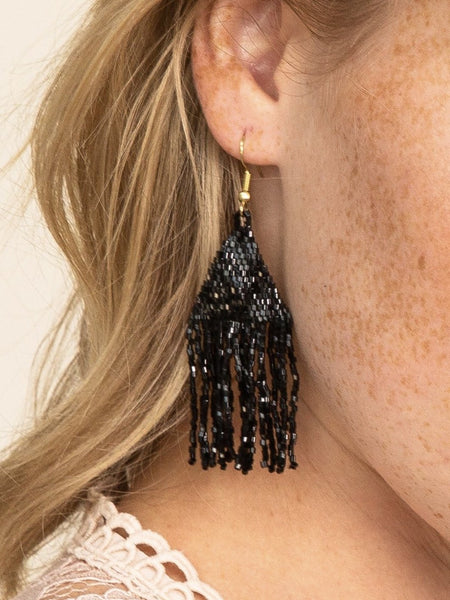 Lexie Solid Beaded Fringe Earrings Black