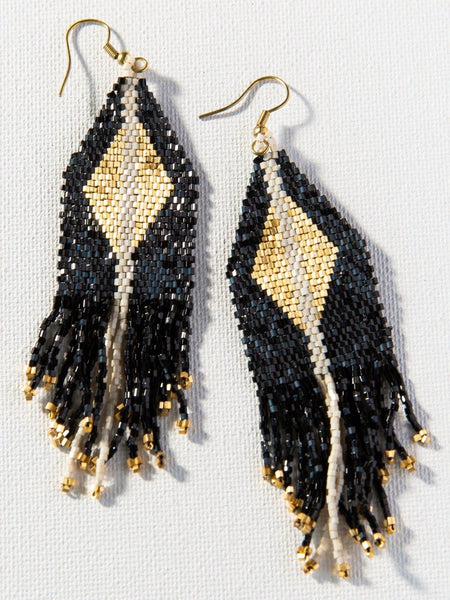 Black With Gold Luxe Diamond With Fringe Earrings