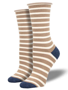 Women’s Bamboo Sailor Stripe Roll Top Socks Brown Heather