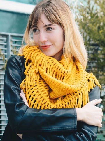Tassel Knit Fringe Infinity Scarf - Goldenrod