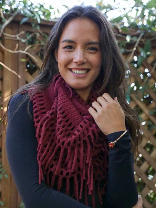 Tassel Knit Fringe Infinity Scarf - Burgundy