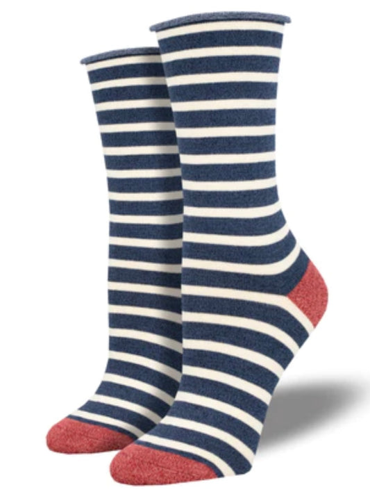 Women’s Bamboo Sailor Stripe Roll Top Socks Navy/Ivory