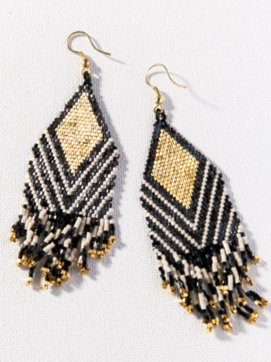 Dottie Diamond Angle Beaded Fringe Earrings Black