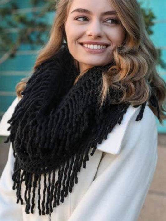 Lattice Tassel Infinity Scarf - Black