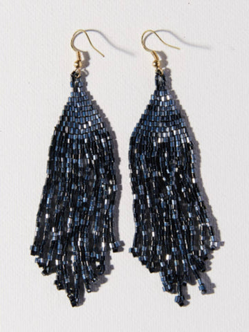 Blue Iridescent Long Fringe Earrings