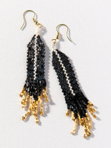 Black with Ivory Luxe Single Stripe with Fringe Earrings