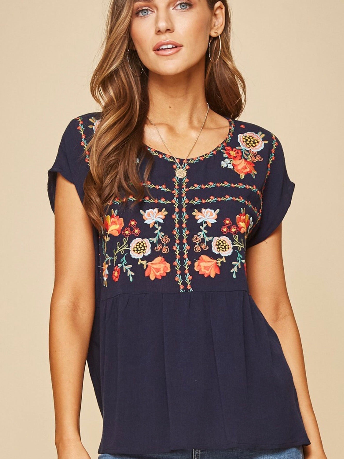 AN131525 Navy Embroidered Top
