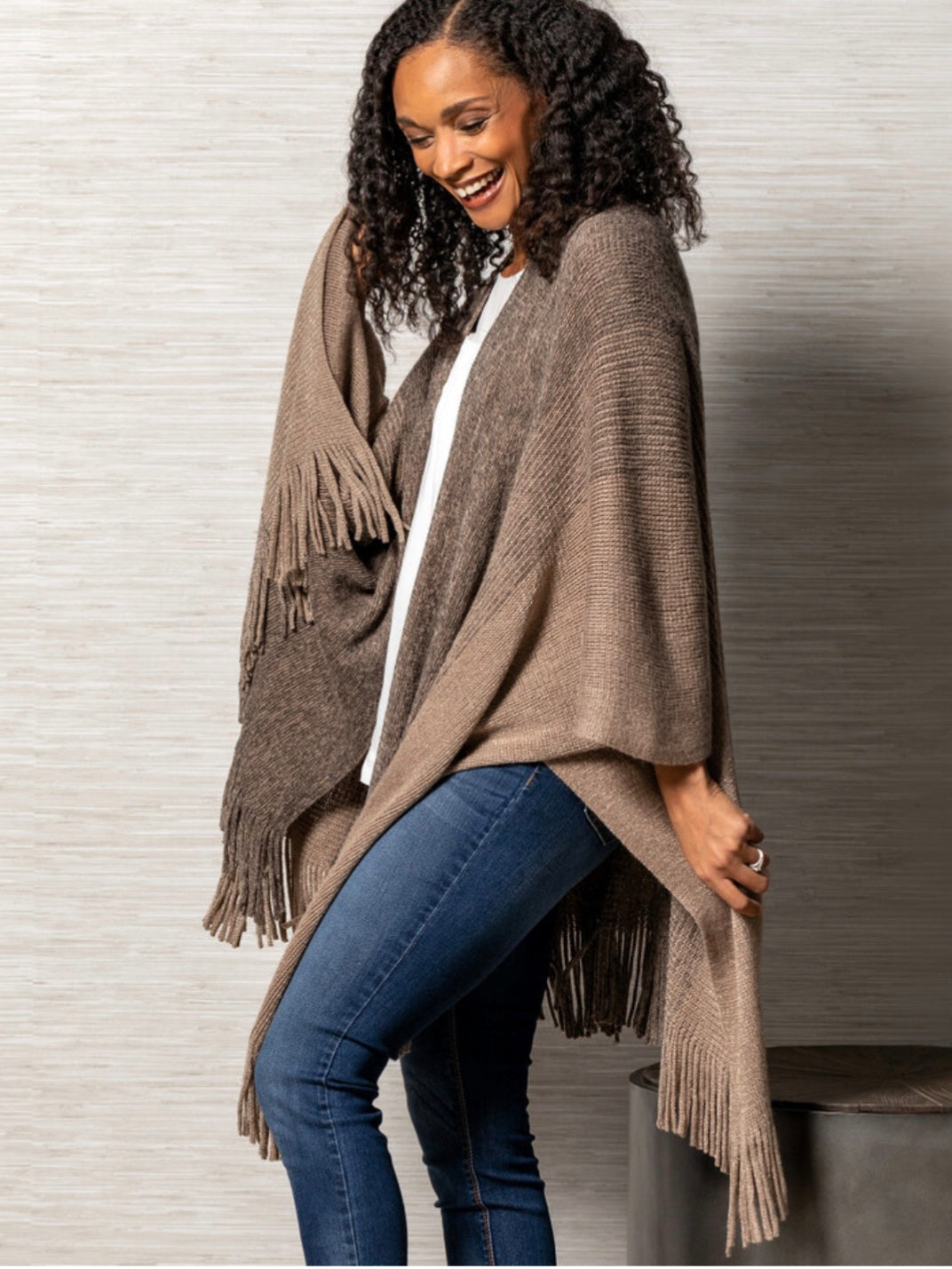Taupe & Brown Knit Duster with Fringe