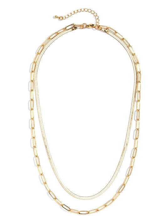 Double Layer Herringbone + Link Necklace - Gold