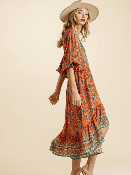 Gemma Paisley Print Dress - Orange Mix
