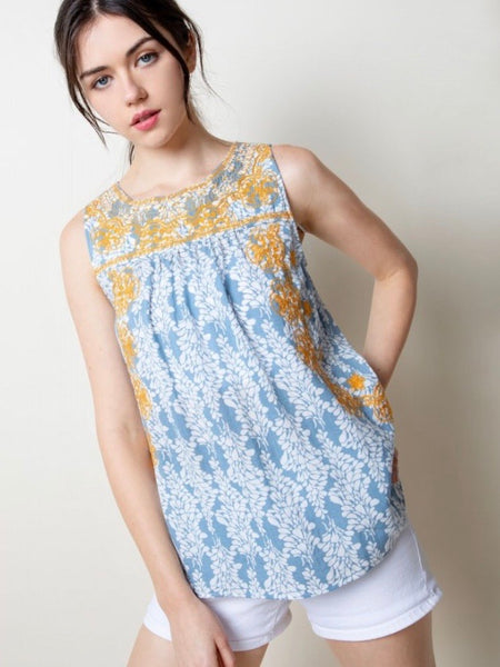 TM131581 Blue Embroidered Tank Top