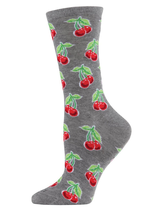 Women’s Cherries Bamboo Blend Crew Socks Medium Gray Heather
