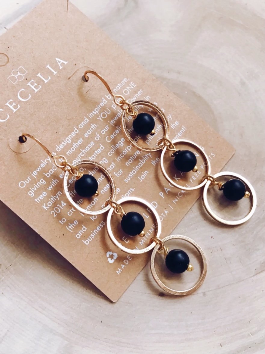 Triple Hoop Gemstone Drop Earrings | Black Agate