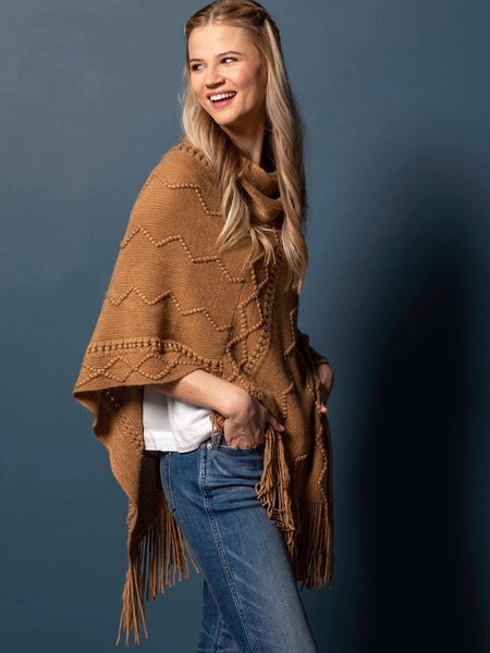 Camel Textured Cowl Neck Poncho