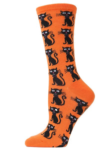 Women’s Sweet & Scary Black Cat Halloween Crew Socks Celosia Orange