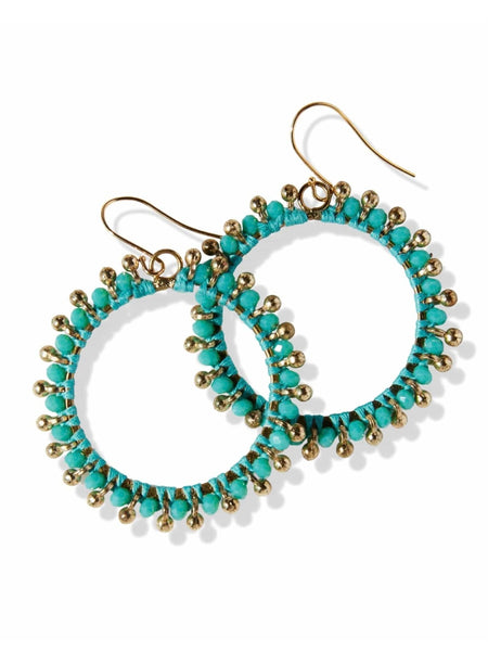 Turquoise Glass Brass Hoop Dangle Earrings