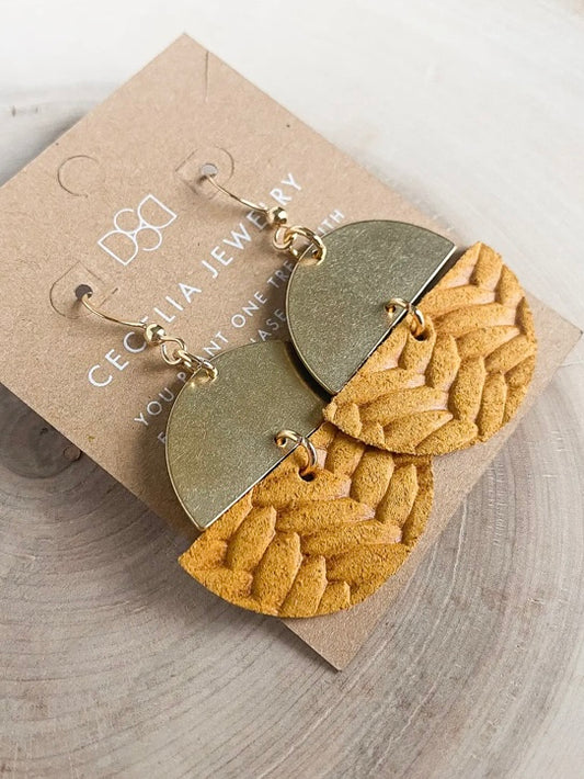 Brass & Leather Half Moon Earrings | Mustard
