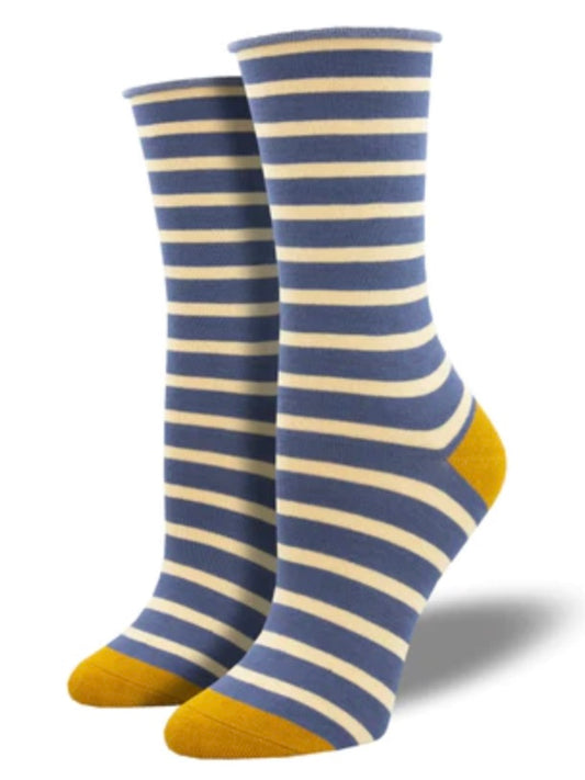 Women’s Bamboo Sailor Stripe Roll Top Socks Blue