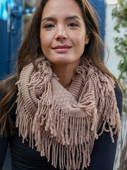 Pointelle Fringe Infinity Scarf - Taupe