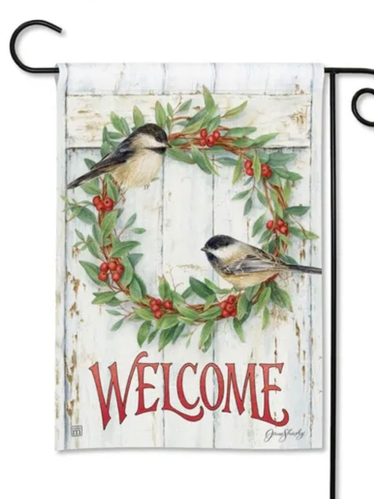 Chickadee Wreath Garden Flag (Flag Stand Sold Separately)