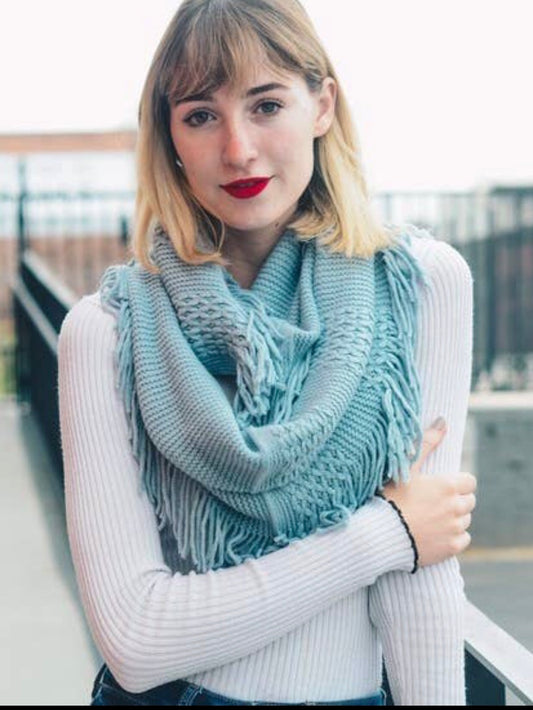 Pointelle Fringe Infinity Scarf - Shellblue
