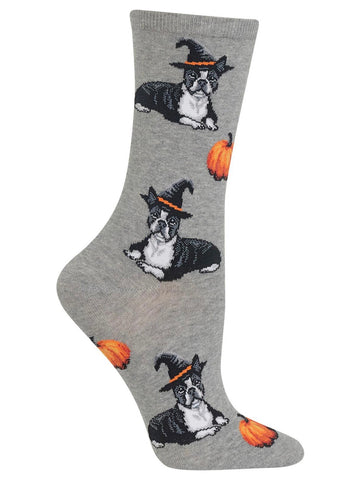 Women’s Halloween Boston Terrier Crew Socks Gray Heather
