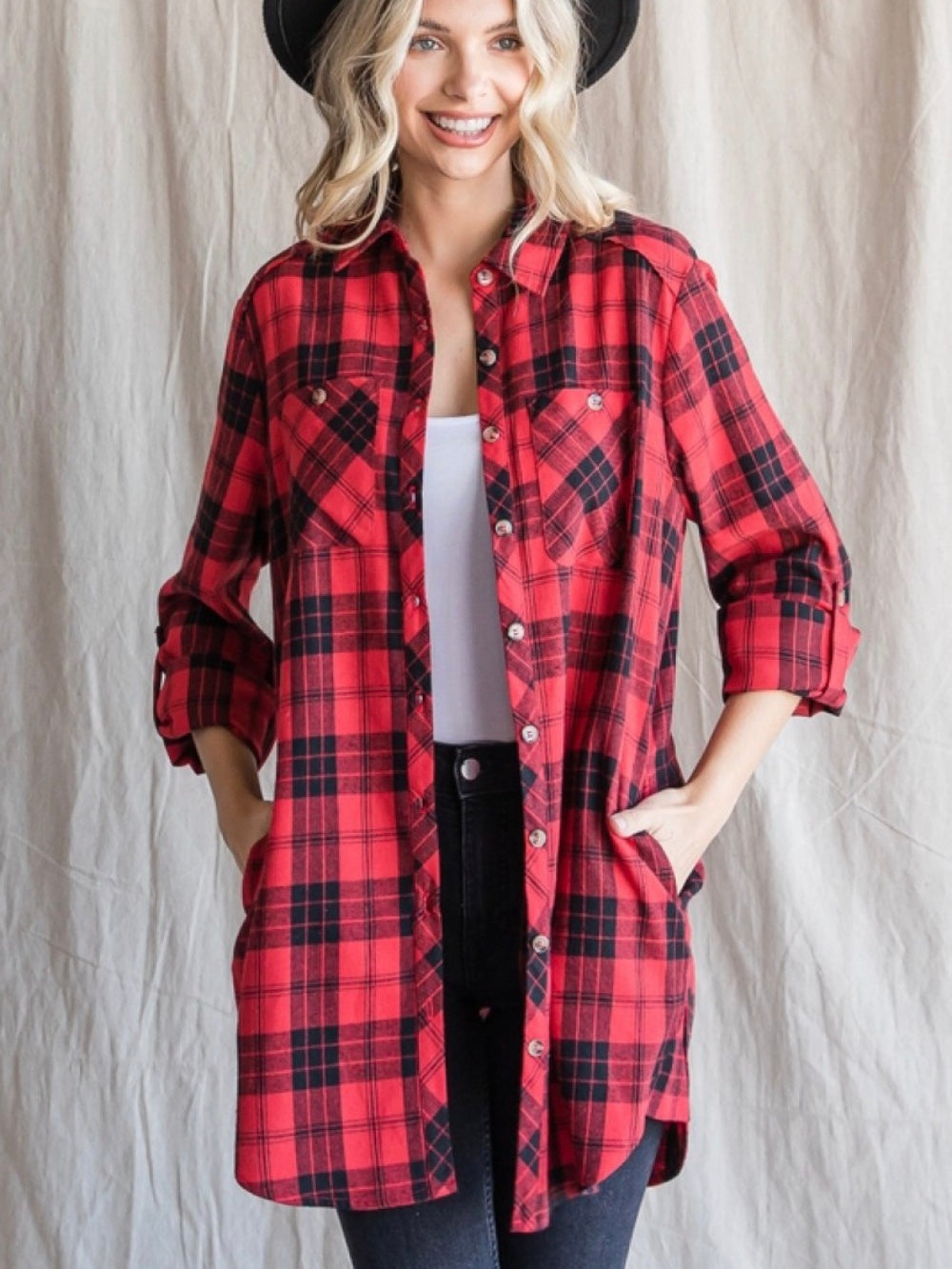 Leia Plaid Flannel Top - Red Mix