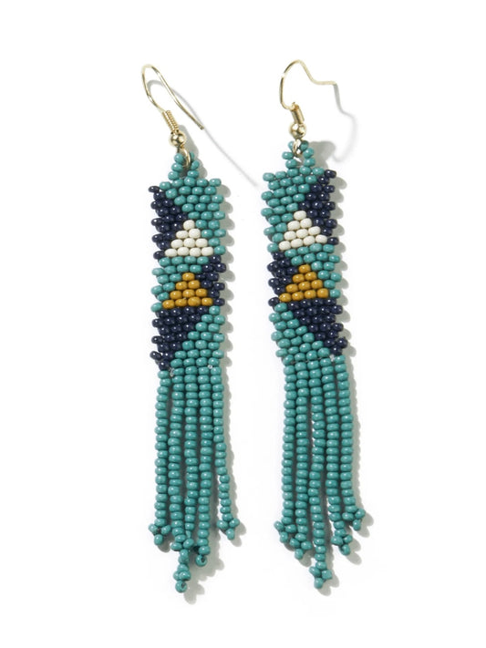 Teal Navy Citron Angles Petite Fringe Seed Bead Earrings.