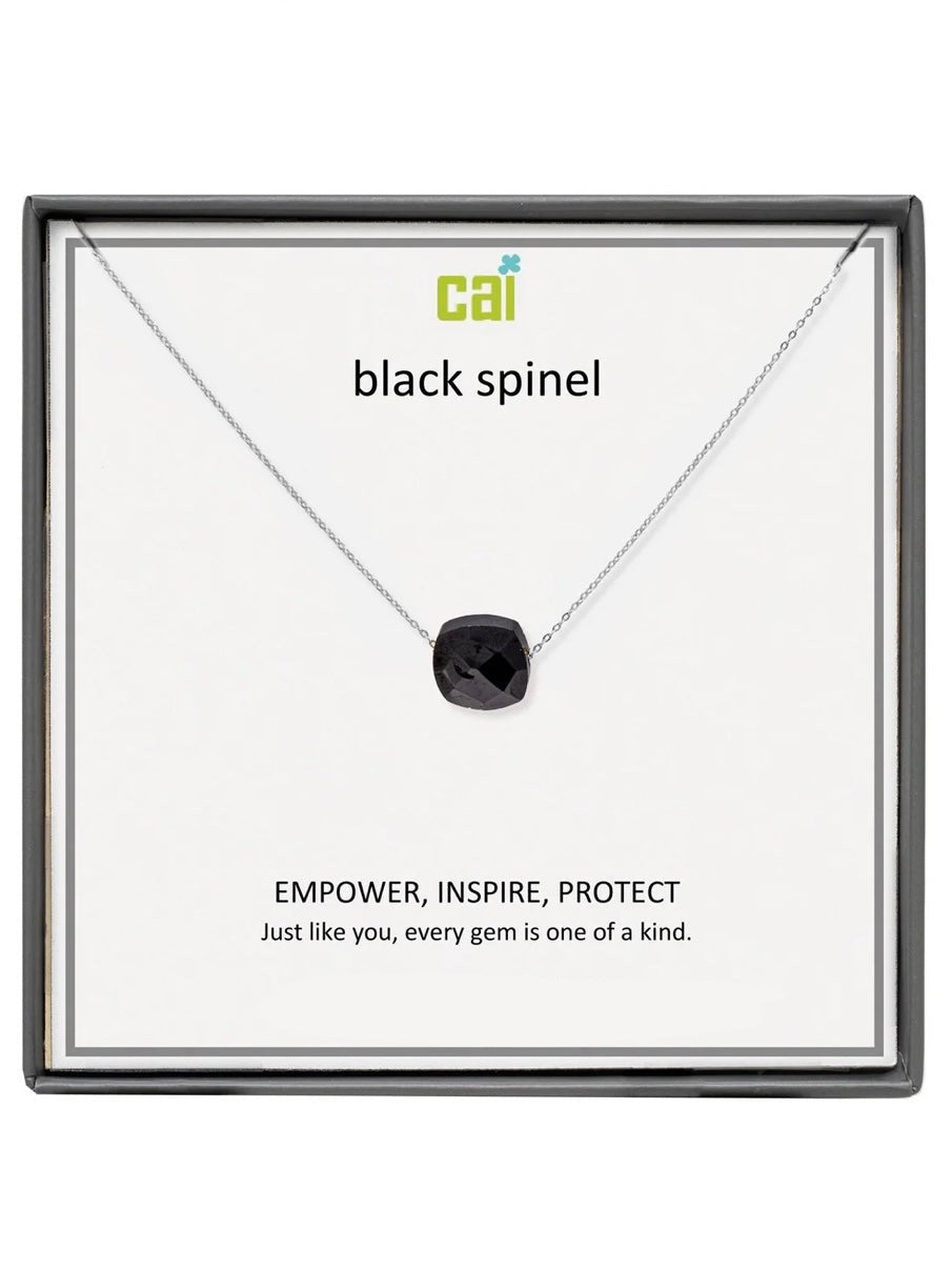 Silver Black Spinel Square Gemstone Necklace