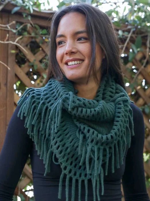 Tassel Knit Fringe Infinity Scarf - Olive