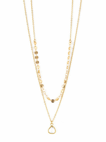 Two Layer Circle Chain & Small Clear Crystal Charm Necklace (Gold)