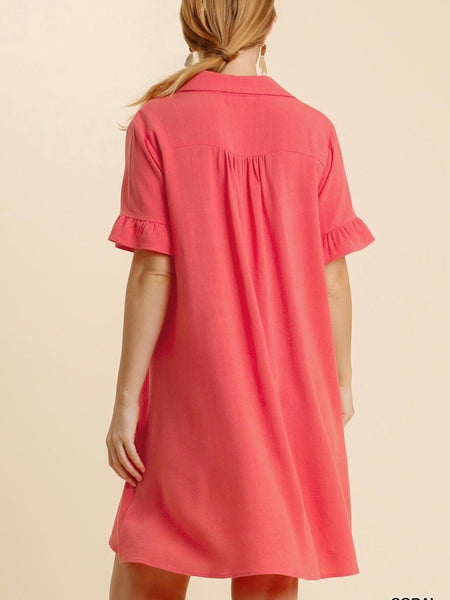 Quinn Linen Blend Ruffle Sleeve Dress - Coral