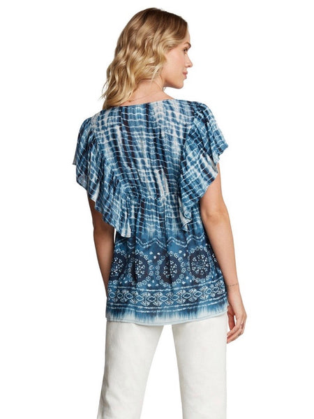 BL131620 Blue Acid Wash Button-Down Flowy Top with Ruffled Sleeves