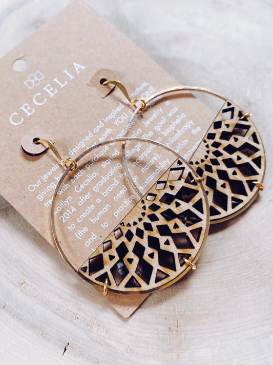 Fall Wood Earring Collection | Mandala Moon Gold Hoop