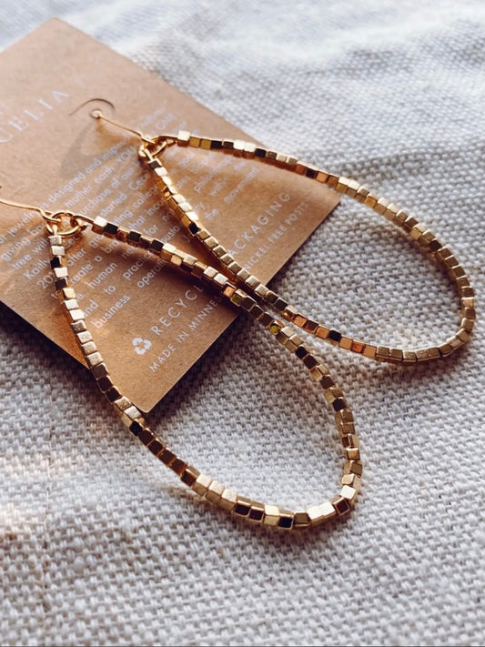 Hepburn Teardrop Hoop Earrings | 2mm Shiny Gold Square