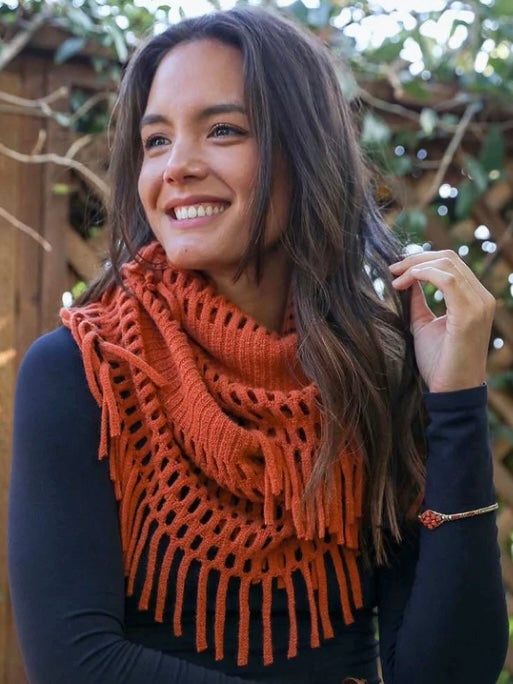 Tassel Knit Fringe Infinity Scarf - Rust