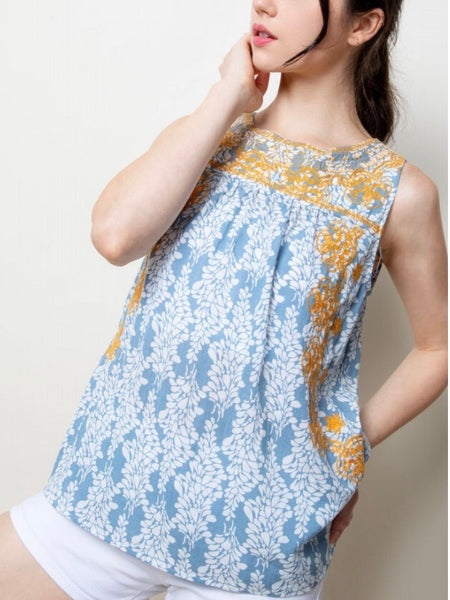 TM131581 Blue Embroidered Tank Top