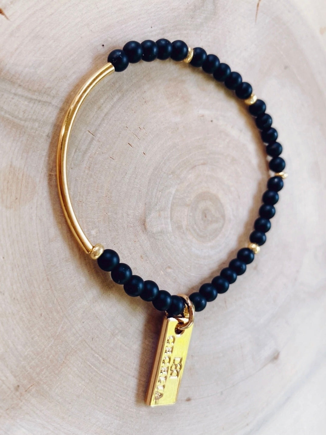 Single Gemstone Bracelet with Gold Bar | Black Agate