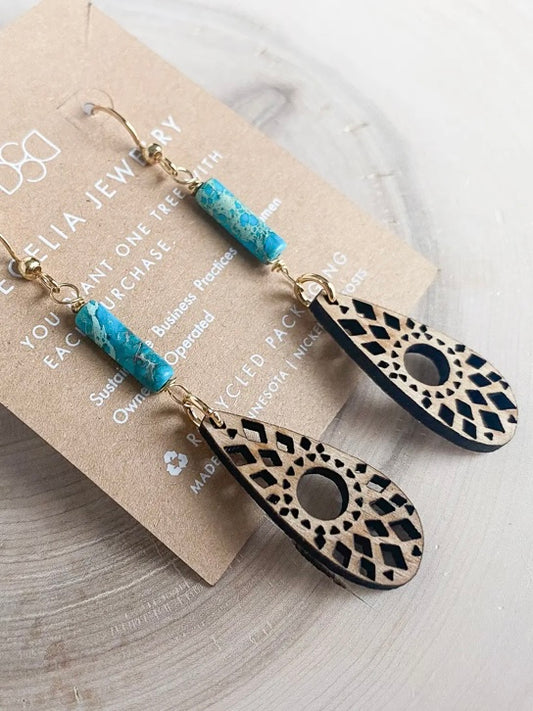 Gemstone & Mandala Teardrop Earrings |Turquoise Imperial Jasper & Mandala