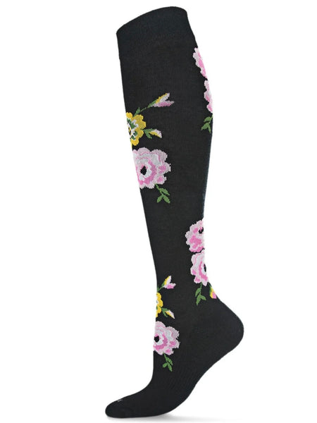 Floral Design Bamboo Blend Knee High Compression Socks Black