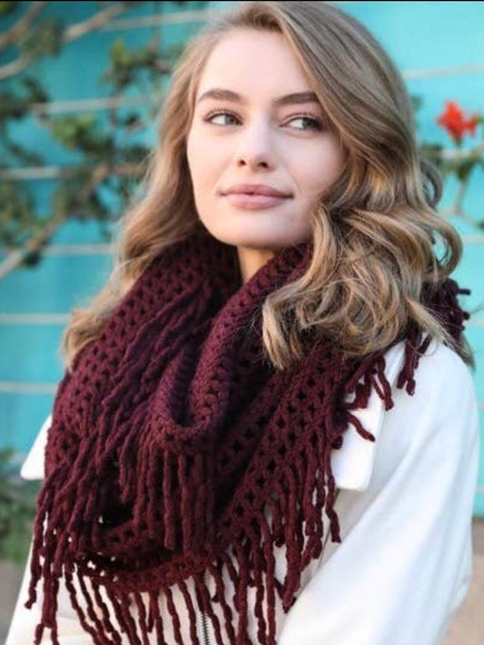 Lattice Tassel Infinity Scarf - Burgundy