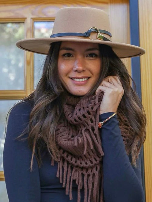 Tassel Knit Fringe Infinity Scarf - Brown