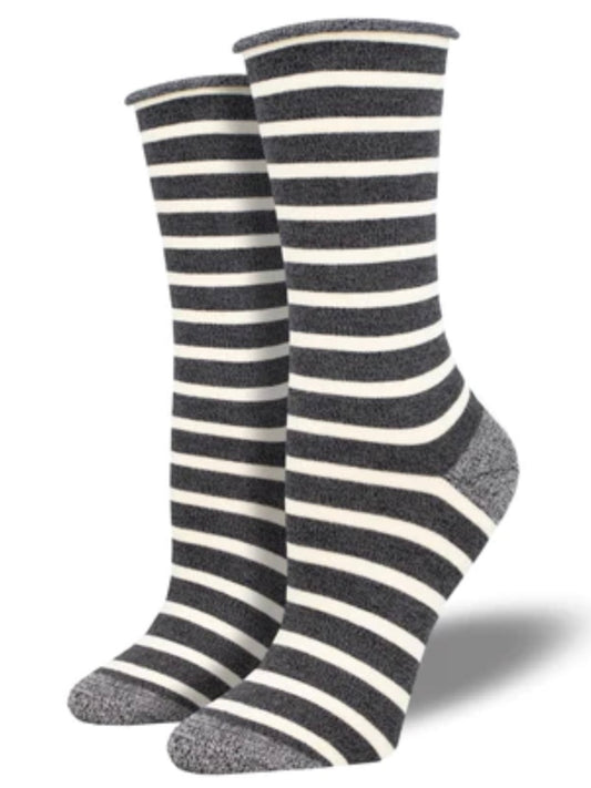 Women’s Bamboo Sailor Stripe Roll Top Socks Charcoal/White