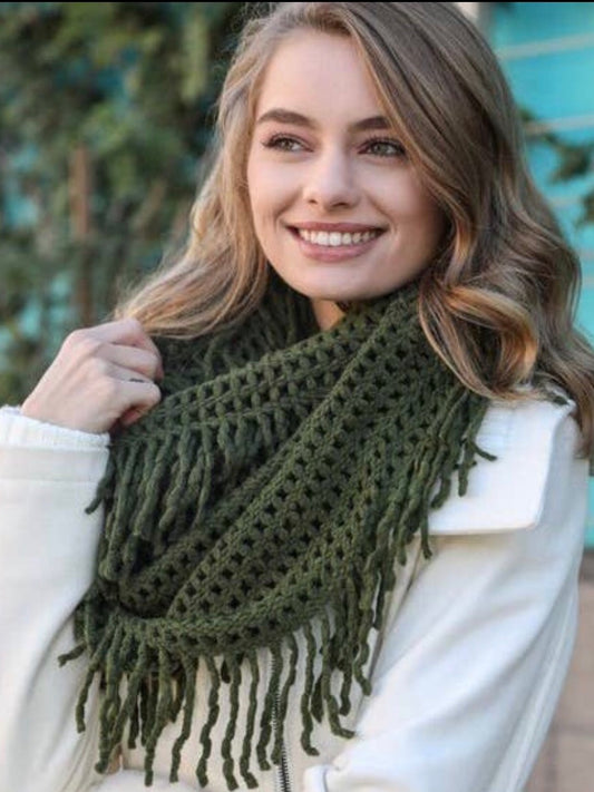 Lattice Tassel Infinity Scarf - Olive